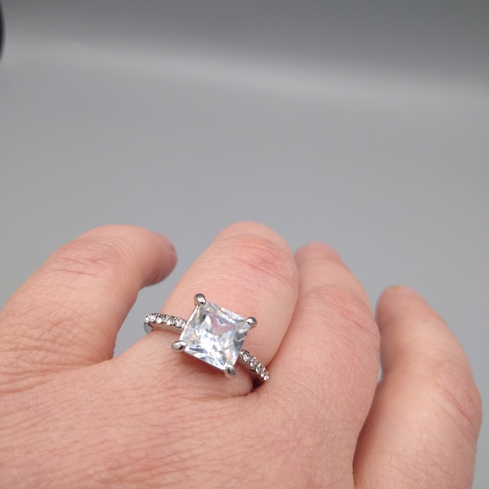Silver Princess Cut Pavé Bridal Engagement Set - Picture 13 of 15
